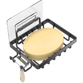 Moforoco Black Soap Dish, Soap Bar Holder for Shower, No Drilling Bathroom Accessories, Wall Mounted Soap Holder with Hooks, Shower Rack Tray Bar for Suitable for Bathroom, Kitchen Sink