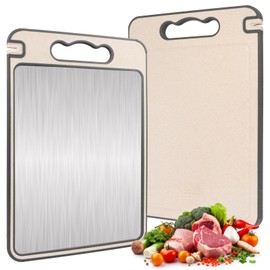 AKONE Stainless Steel Chopping Board, Double-Sided Chopping Board, Stainless Steel Cutting Board with Whetstone, Kitchen Chopping Boards with Carry Handle, Non-Slip, Dishwasher