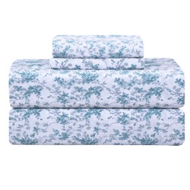 Feather & Stitch Softest 100% Cotton Sheets, 300 Thread Count Percale Weave Bedding, 16" Deep Pocket, Cooling Sheets, Breathable Bed Set, Hotel Premium Quality (Twin, Blue Floral)