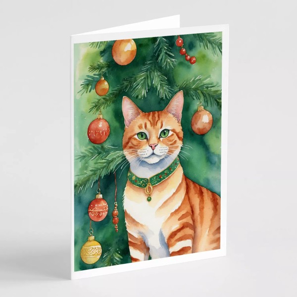 Suphalak Cat By Christmas Tree Greeting Cards Envelopes Pack 8
