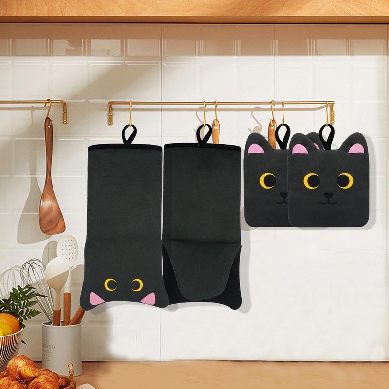 LSYDCARM Oven Mitts, Cute Black Cat Silicone Oven Mitts and