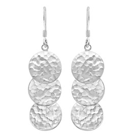 Trendy Cascading Hammered Triple Disc Circles .925 Sterling Silver Dangle Earrings for Women