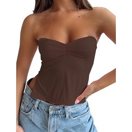 KIGRAD Women’s Y2K Pleated Bustier Strapless Sweetheart Bandeau Tube Crop Tank Summer Sleeveless Slit Going Out Crop Top Chocolate