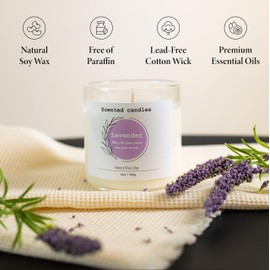 Dloxwox Lavender Scented Candle – 100% Natural Soy Wax, Cotton Wick, Odor Eliminating, Calming Herbal Aroma, 12oz, 60 Hour Burn, White – Ideal for Home Decor, Spa, Bath, Parties & Gifts