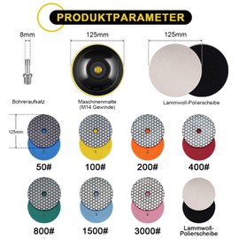 125 mm Dry Diamond Polishing Disc 9 Pieces Grits #50, #100, #200, #400, #800, #1500 and #3000 Polishing Wheels with M14 Support Plate for Granite Marble Artificial Stone Quartz for Angle Grinder
