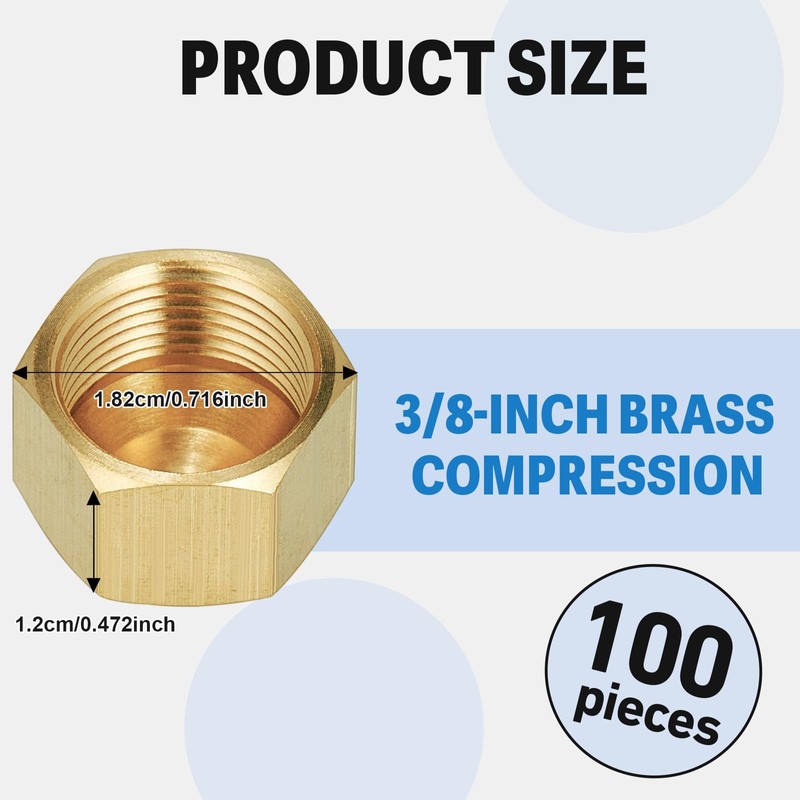 Hicarer 100 Pcs 3/8 Inch Brass Compression Cap Stop Valve