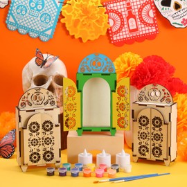Chunful 3 Set Dia De Los Muertos Decorations Wooden Shadow Box Day of The Dead Ofrenda Altar Decor with LED Candle Lights and Painting Kit for Altar Ofrenda Remembrance Supplies