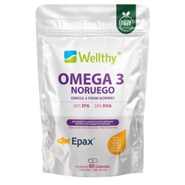 Wellthy Omega 3 Epax® 60 Cápsulas Ácidos Grasos Porción 2000mg. Aceite de Pescado Noruego Ultraconcentrado. 36% EPA y 24% DHA La más alta concentración, Alta Pureza, Softgel, Bottle Free