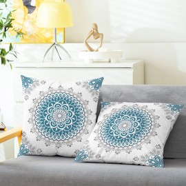 CaliTime Throw Pillow Covers Pack of 2 Cozy Fleece Mandala Dahlia Floral Medallion Compass Style Cushion Cases for Couch Bed Sofa Farmhouse Decoration 16 X 16 Inches Teal Grey