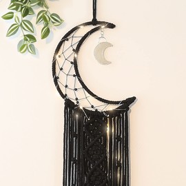 Black Macrame Moon Dream Catcher, Witchy Crescent Phase Woven Wall Hanging with Long Tassel, Handmade Unique Gothtic Bohemian Decor with Star Ornament Decoration for Home Bedroom (Black)