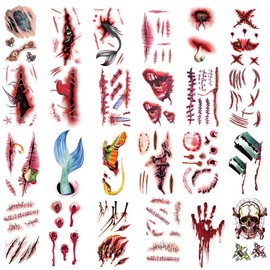 24 Sheets Fake Scar Halloween Tattoos Temporary, Waterproof Zombie Makeup Kit Stickers with Realistic Scary Bloody Wound Scratches Stitches for Women Men Adults Party, Costume, Prank Props