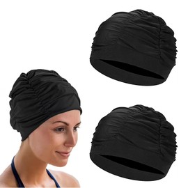 2 Stück Damen Badekappe, Plissee Badekappe, Hochelastisches Nylonmaterial, Kein Druckgefühl am Kopf, Atmungsaktiv, Badekappe für Erwachsene, langes Haar Badehaube, für Sommer, Strand, Schwimmbad