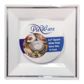 PLEXWARE 10 Pcs White Heavy Duty Plastic Dinner Plates with Silver Rim, 8.2" Square Disposable Salad Plates, Premium Catering Plates for Party/Wedding