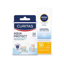 Kit NiveaCuritas Rutina Sun Face - Nivea Sun Protección Solar Facial control de brillo Fps 50  Curitas Venditas Adhesivas Aqua Protect                