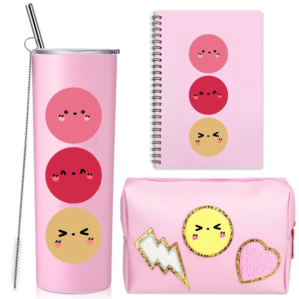 3 Pcs Pink Graduation Gift Set Include 20 oz Preppy Stainless Steel Tumbler Preppy Spiral Notebooks PU Leather Portable Waterproof Makeup Bag Cosmetic Bag School for Teen