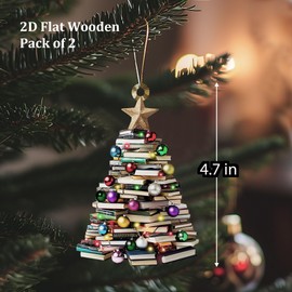 Book Christmas Tree 2025 Ornament Gift Wooden Ornament Merry Book for Book Lovers Reading Christmas Ornament Books Pine Tree Gift Set of 2, (Flat 2D NOT 3D)
