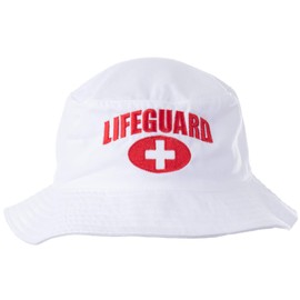 Ann Arbor T-shirt Co. Lifeguard Bucket Hat | Professional Guard Red Sun Cap Men Women Costume Uniform - White