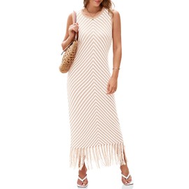 Wenrine Womens Summer Crochet Knit Dress 2025 Fall Casual Striped Tassel Sleeveless Boho Maxi Dresses Apricot