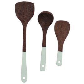 3 Piece Set Wood Utensils Set Wenge Long Handle Spatula Spoon Set Nonstick Idyllic Style Wooden Cooking Utensils for Cook Light Green