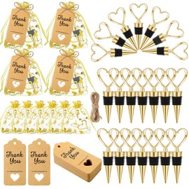 Buryeah 36 Set Heart Shaped Wine Stoppers Bulk Wedding Party Favors Love Beverage Bottle Stoppers with Sheer Bags, Labels, Ropes for Engagement Souvenirs Bridal Shower Valentines Day Gifts(Gold)