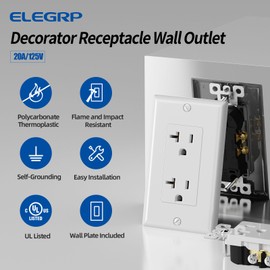 ELEGRP Glossy White Decorator Electrical Wall Outlet Receptacle, 20A 125V Standard Outlets, 2 Pole 3 Wire, Non-Tamper Resistant, NEMA 5-20R, Self-Grounding, Wall Plate Included, UL Listed, 20 Pack