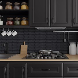 Matte Black Peel and Stick Wall Tiles for Kitchen, WalDecoo 10-Sheet Stick on Backsplash for Bathroom, Large Self-Adhesive Kitchen Backsplash（12''×12''） (Large Subway).