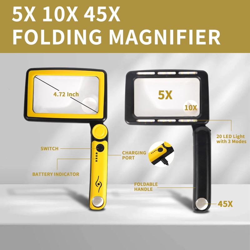 Magnifying Glass with Light, 5X 10X 45X Rechargeable Magnifier with