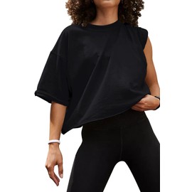 Summer Knit Cotton Workout Plus Size Crop Tops for Women Going Out Trendy Short Sleeve Yoga Shirts Casual Gym Athletic Running Cropped Womens T-Shirts Flowy Loose Fit O Neck Cute Tops Black XL