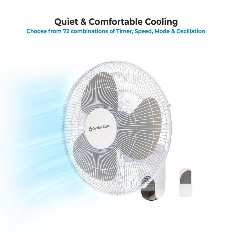 Comfort Zone 16" 3-Speed Oscillating Wall Mount Fan with Remote