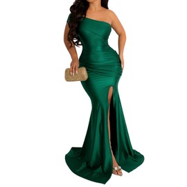 HRESSLBD Green Semi Formal Off Shoulder Split Thigh Maxi Dress, V Neck High Slit (Dark Green, L)