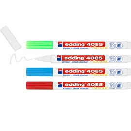 edding 4085 Chalk Marker - Red, White, Blue, Green (Basic) - 4 Chalk Pens - Round Tip 1-2 mm - Chalk Pen for Blackboard, Wipeable - for Windows, Glass, Mirrors - Blackboard Pens with Opaque Colours