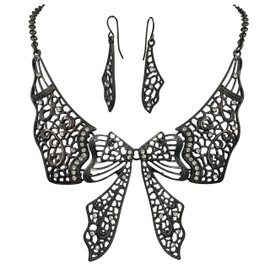 Gypsy Jewels Bow Butterfly Sweet Lace Look with Rhinestones Boutique Statement Necklace Earrings Set - Assorted Colors (Black)