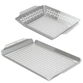 Little Griddle GT-525 Grill Pan and Grill Basket Set, High Sidewalls with Built-in Handles, Stainless Steel & Vented Design - Silver