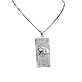 Chiorgone Dollar Style Pendant Necklace - Silver Tone Money Currency Casino Charm Chain - Hip Hop Wealth Prosperity Lucky Casino Necklace Jewelry for Men Women.