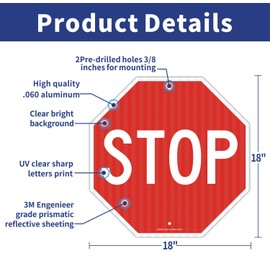 Stop Signs,18 x 18 Inches Octagon Engineer Grade Reflective Sheeting Street Slow Warning Signs, Rust Free Aluminum, Reflective, UV Protected and Waterproof, Weather Resistant, Durable Ink