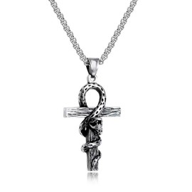 Ankh Necklace Men's Stainless Steel Serpent Snake Necklace Punk Hip Hop Titanium Steel Ankh Cross Pendant Necklace for Women Ancient Egypt Exaggerated Jewelry, Metal, Rhinestone