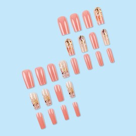 Flower Press on Nails Spring Fake Nails Coffin Shaped False Nails with Pink White Blossoms Designs Pink Glue on Nails Spring Stick on Nails Summer Full Cover Cute Acrylic Nails Glossy Artificial Nails