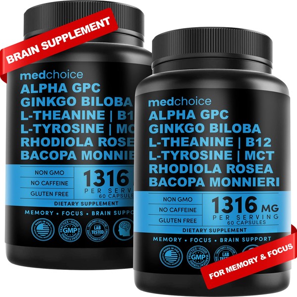 10-in-1 Nootropic Brain Supplements: Memory & Focus Supplement with Ginkgo Biloba, L Theanine, Alpha GPC Choline - 1316mg, 60ct - Stimulant Free, Vegan, Non-GMO - Focus Brain Support (2 pack)