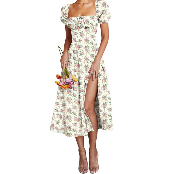 Linsery Womens Puff Sleeve Split A-Line Maxi Dress Elegant Floral