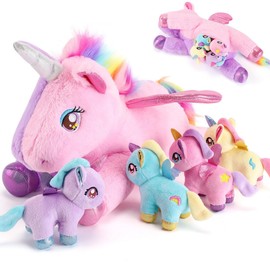 gnomantic 5 Pieces Unicorn Stuffed Animals - 1 Mommy Stuffed Unicorn with 4 Babies - Unicorns Gifts for Girls Ages 3-8, Unicorns Plush Toys for Christmas, Valentine's, Birthday Gifts (Pink & Purple)