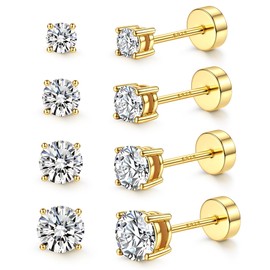 YADOCA 925 Sterling Silver Stud Earrings Set,Hypoallergenic Flat Back Earrings for Women Men ,White Gold 14K Gold Filled Ball Dot Cubic Zirconia Earrings Studs ,Nap Cartilage Earrings For Sensitive Ears 2/3/4/5mm