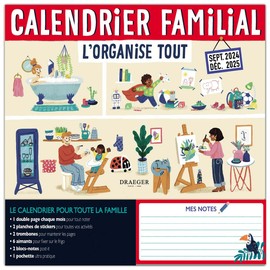 Family Calendar 2024-2025 - 28.5 x 28 cm - L'organise tout - 16 monthly grids containing 5 columns for each family member - 2 notepads, 2 paper clips and 6 magnets