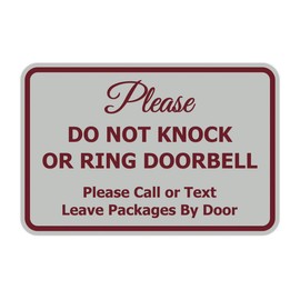 Signs ByLITA Classic Framed Please Do Not Knock Or Ring Doorbell Wall or Door Sign - Easy Installation | Mail Delivery Instruction | Do Not Disturb (Light Grey/Burgundy) - Small 1 Pack