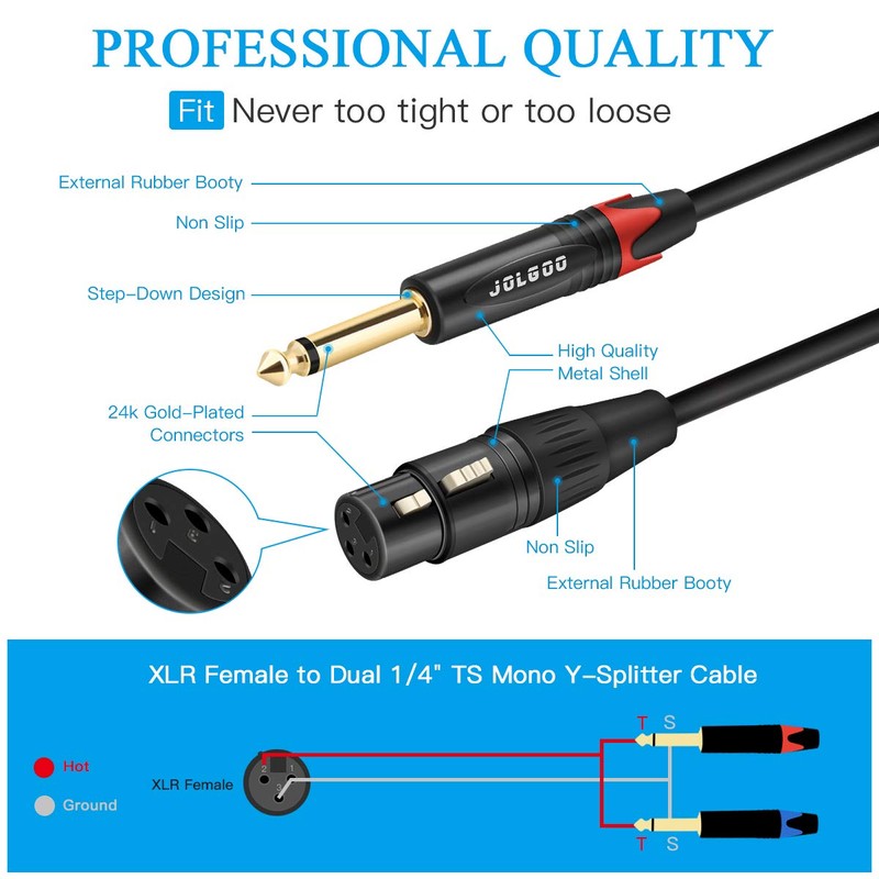 JOLGOO XLR Female to Dual 1/4" TS Mono Y Splitter