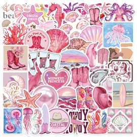 50PCS Pink Coastal Girl Stickers Waterproof Vinyl Aesthetic Beach Decals, Boho Summer Theme Sticker for Laptop Water Bottle Journal Luggage, Cute Ocean Seashell Designs Stickers
