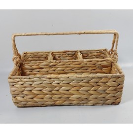 Large Wicker Utensil Caddy Carrier | Water hyacinth Woven Condiment Holder for Table - Kitchen Set Counter Top Organizer - Rustic Small Storage for Dinner Set, Wine