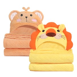 WODHOY Hooded Baby Towels Boy for 0-6 Years, 50"x 32" Extra Large Toddler Bath Towels with Hood for Boys & Girls, 2-Pack Absorbent Thick Soft Gift for Kids Yellow Lion & Orange Monkey