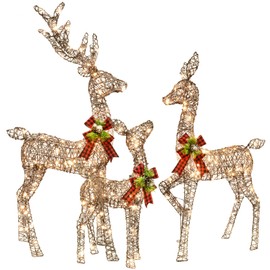 Christmas Decorations Outdoors Reindeer Family - Light up Christmas Decor Brown Deer 3 Piece with LED Lights, Extension Cord, Ground Stakes, for Outdoor Front Yard Porch - Brown
