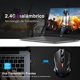 TERPORT S200 Mouse Inalámbrico para Juegos, Ratón con un Clic Silencioso Unico, Tecnología Inalámbrica 2.4G, 7 Botones, 5DPI Ajustables Hasta 2400, Retroiluminación Azul, Empuñaduras Ergonómicas,Negro