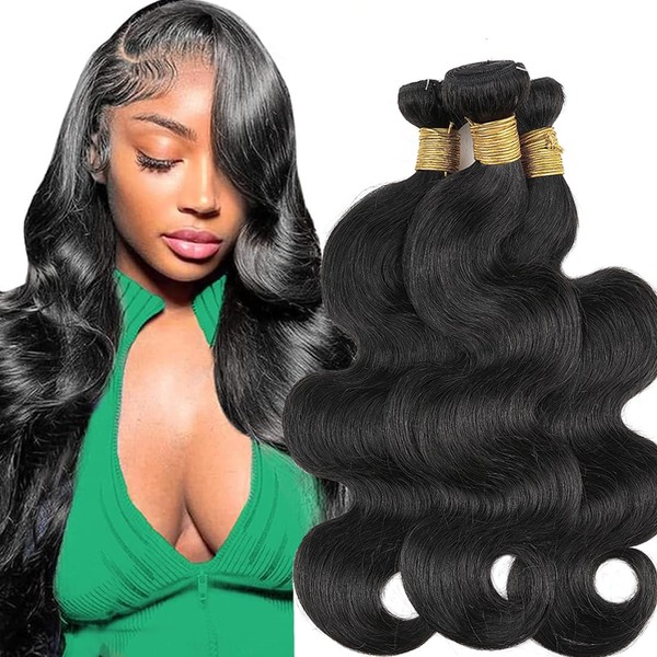 AUTTO Hair 8A Unprocessed Brazilian Virgin Remy Hair Body Wave Hair Bundles Virgin Human Hair Extensions Weft Natural Black Color (100+/-5g)/pc Can be Dyed and Bleached (18 20 22)